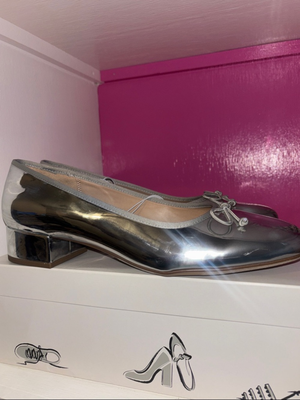 a new day Metallic Silver Low Block Heel Ballet Flats with Bow Accent